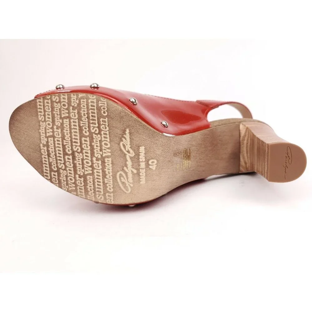 Penelope Collection 2866 Red Patent Leather Studded Cork Heel Sandal Size 38